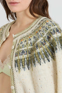 Nordic-inspired jacquard cardigan in wool, cashmere and silk with crystals