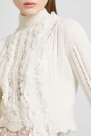 Cropped pure cashmere cardigan with French lace and valencienne inserts