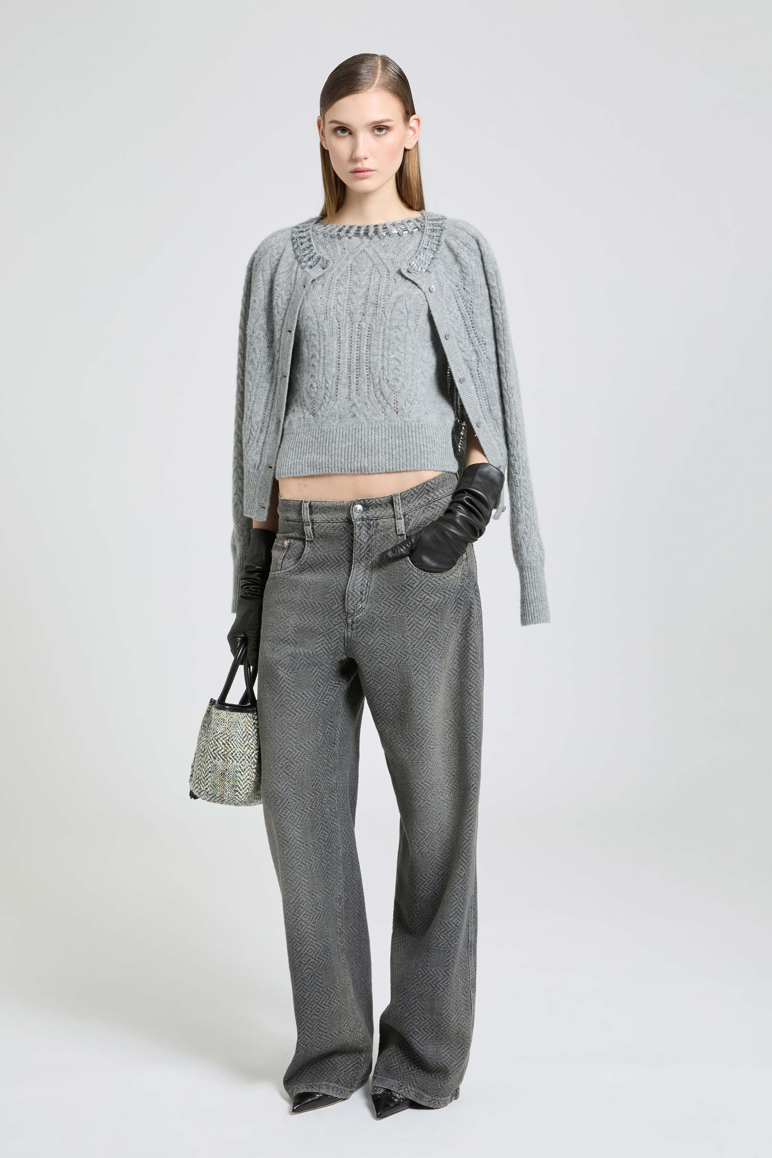 Pure cashmere cardigan with cable-knit, openwork detailing and baguett