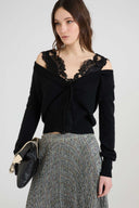Pure cashmere deep V-neck cardigan with wool lace details