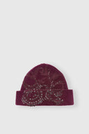 Pure cashmere ribbed beanie with lace and crystals