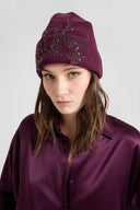 Pure cashmere ribbed beanie with lace and crystals