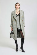 Midi Double-Breasted Coat in Resca Wool Yarn-Dyed with Leather Belt