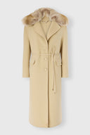 Manteau midi monopetto en drap de laine double avec revers en shearling effet renard et ceinture en cuir