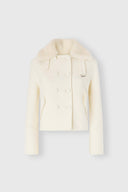 Short Double-Breasted Coat in Wool Double Cloth with Curly Shearling Collar
