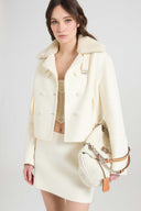Short Double-Breasted Coat in Wool Double Cloth with Curly Shearling Collar