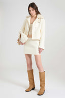 Short Double-Breasted Coat in Wool Double Cloth with Curly Shearling Collar