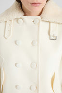 Short Double-Breasted Coat in Wool Double Cloth with Curly Shearling Collar