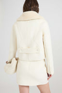 Short Double-Breasted Coat in Wool Double Cloth with Curly Shearling Collar