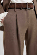 Pantalone palazzo marrone in fresco lana con disegno resca tinto filo