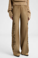 Baggy Trousers in Viscose Marocain with Floral Embroidery