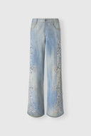 Pantalone Baggy in Marocain di Viscosa Stampa Denim Stone Wash con Ricami Handmade