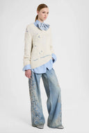 Pantalone Baggy in Marocain di Viscosa Stampa Denim Stone Wash con Ricami Handmade