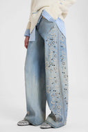 Pantalone Baggy in Marocain di Viscosa Stampa Denim Stone Wash con Ricami Handmade