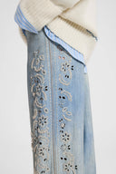 Pantalone Baggy in Marocain di Viscosa Stampa Denim Stone Wash con Ricami Handmade