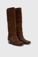 Cognac brown shaded suede tall boots with brogue detailing