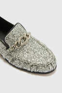 Mocassin en Tissu Glitter Argent avec Chaîne