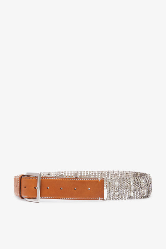 Wide crystal-detailed leather belt