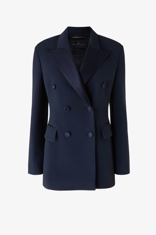 Satin lapel-adorned double-breasted blazer