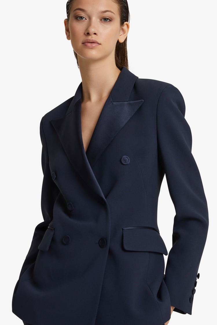 Satin lapel-adorned double-breasted blazer