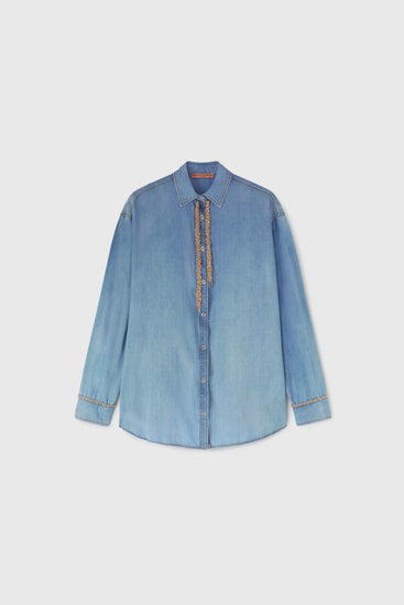 Oversized Denim Button-up shirt in pure cotton chambray featuring gold chain piping