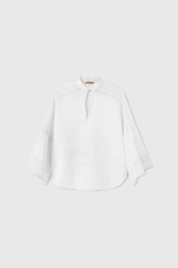 White pure linen blouse with cap sleeves and small round button on the collar