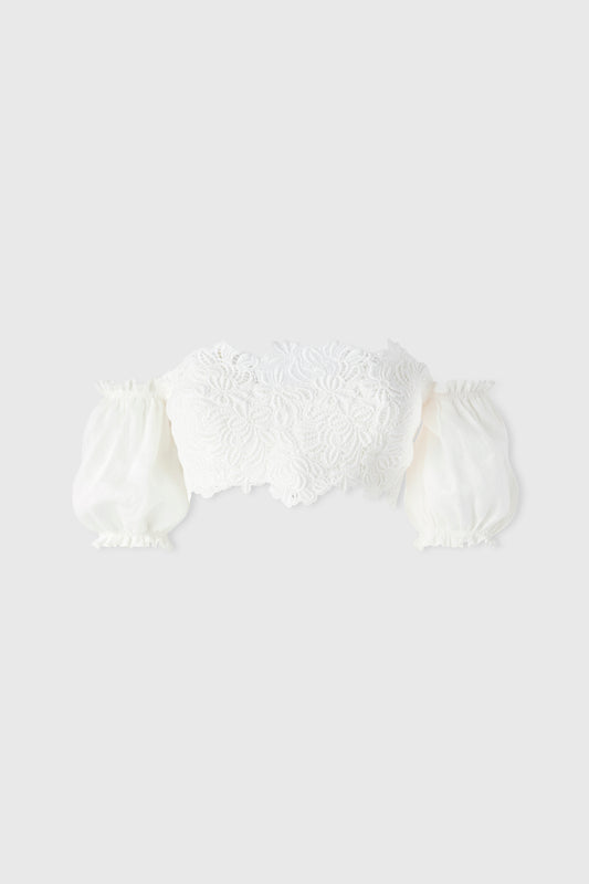 White linen crop top with balloon sleeves and cotton macramé lace inlay