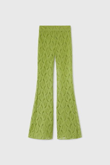 Green flared macramé palazzo trousers with small concealed side zip
