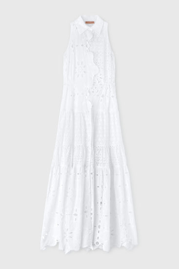 Long sleeveless shirt dress in pure cotton with broderie anglaise all over