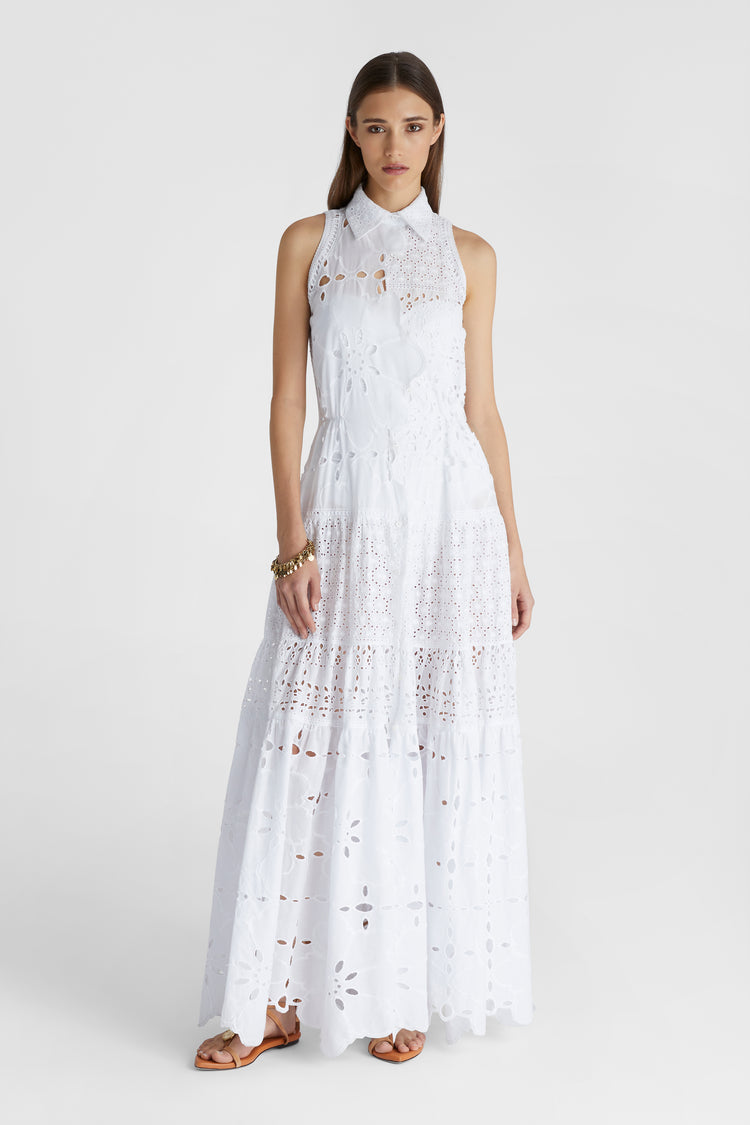Full body shot of model in long sleeveless shirt dress in pure cotton with broderie anglaise all over