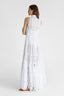 Rear view of model in long sleeveless shirt dress in pure cotton with broderie anglaise all over