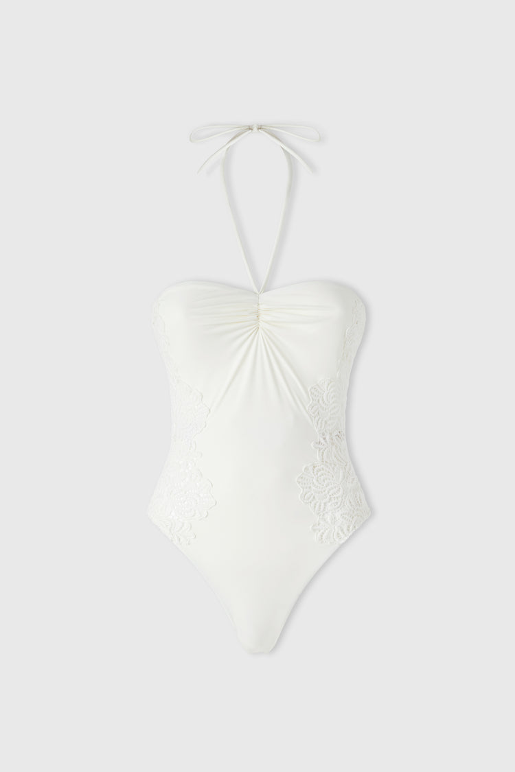 White one-piece swimsuit with macramé and removable shoulder and neck straps