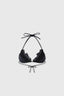 Black triangle brassiere adorned with lace and ties on on the back