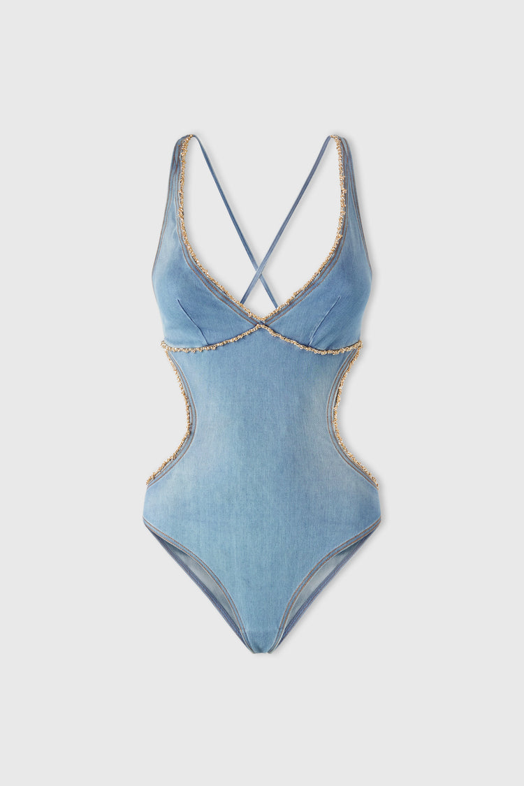 Denim Trikini One-piece with sretch gold piping and strings on the back