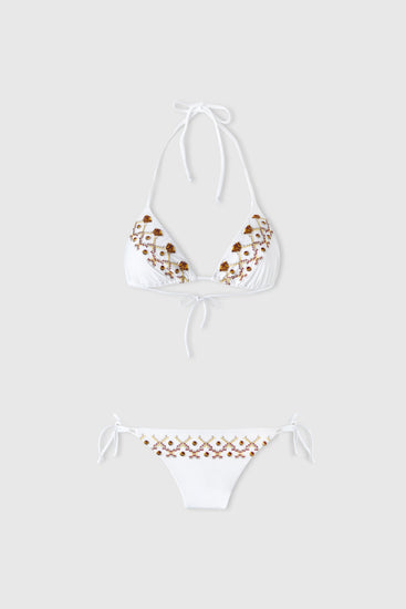 White Two-Piece Triangle Bikini with ties adorned with colourful embroidery