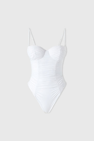 White one-piece swimsuit with removable straps and irregular handmade drapes