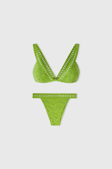 Green two-piece broaderie anglaise bikini consisting of briefs and triangle brassiere